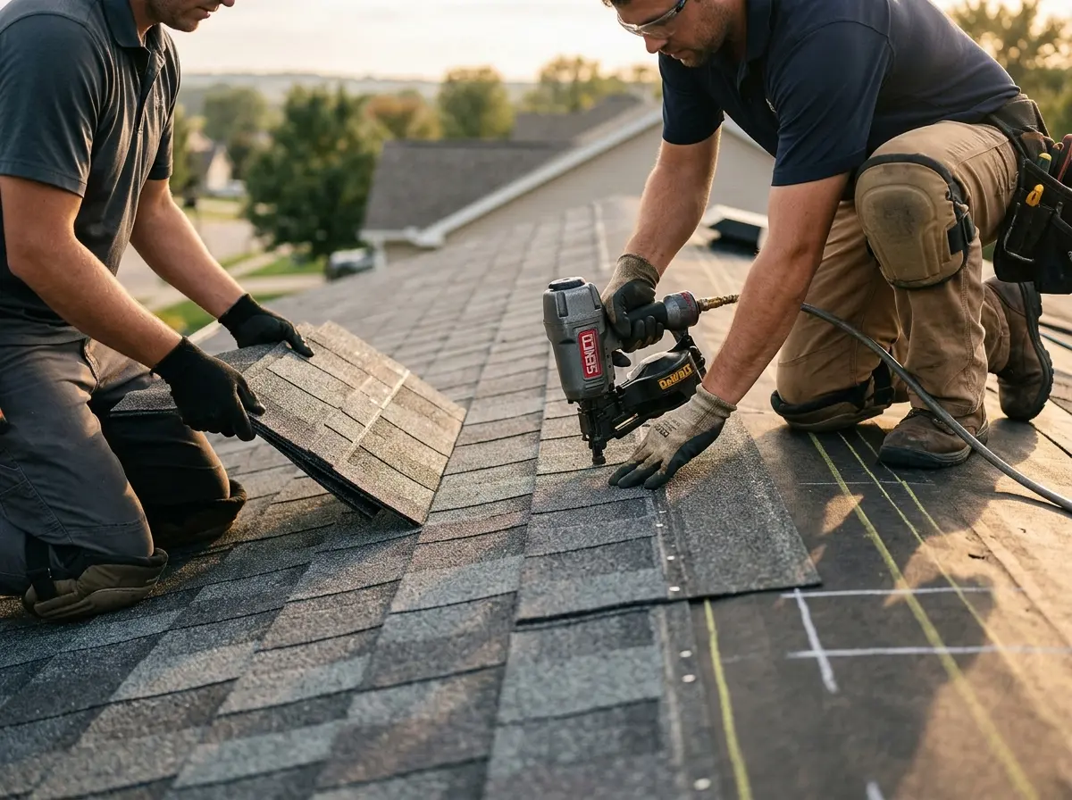 Professional roofer working on a residential roof in Rice Lake